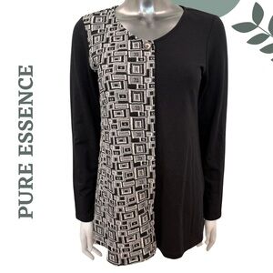 Pure Essence Black Cream Geometric Panel Tunic Top Long Sleeve Knit Size XS